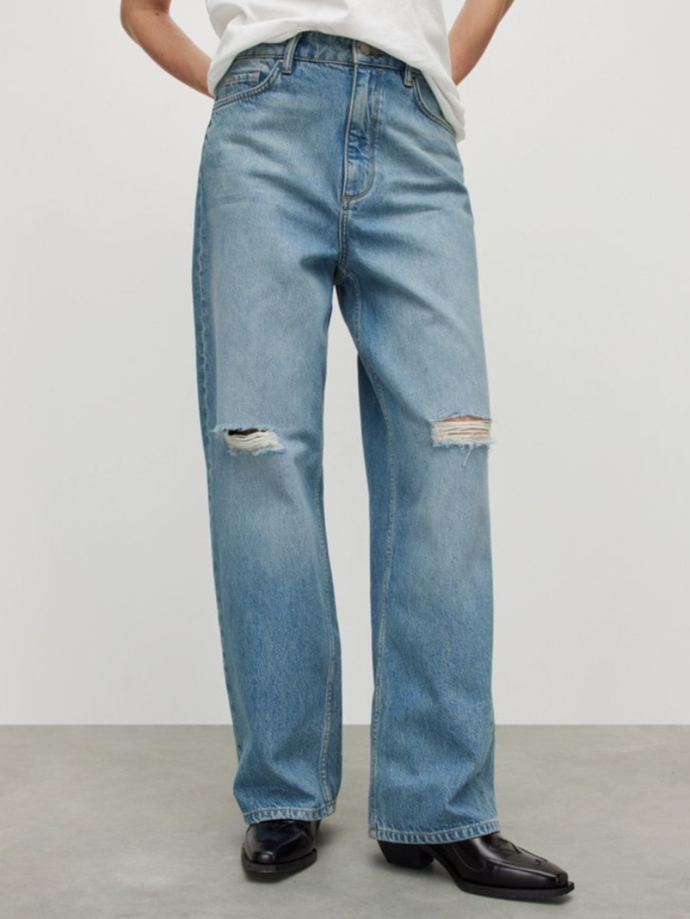 NWT AllSaints Elli Destroyed Wide Leg High Waist Jeans, Indigo Blue, Size 27